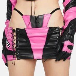 Namilia leather pink black mini skirt with ties and thong